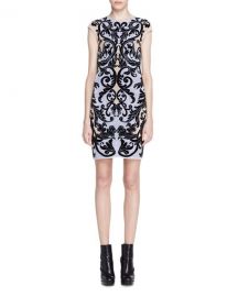 Alexander McQueen Cap-Sleeve Spine Lace Jacquard Dress  Blue at Neiman Marcus